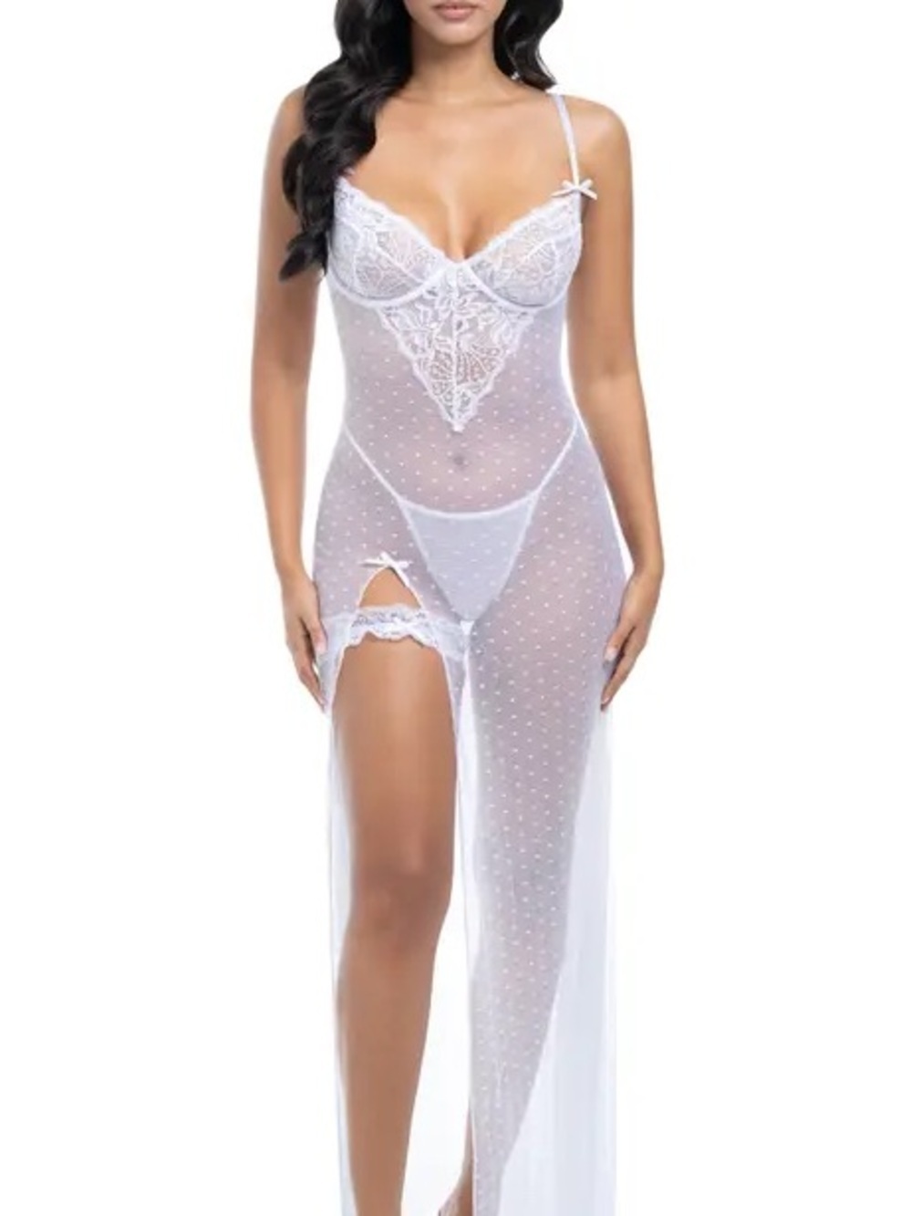 Oh La La Cheri Livia Lace Trim Dotted Mesh Gown Size S/M Lingerie whimsical chic